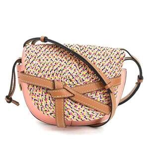Loewe Gate Crossbody Shoulder Bag Leather Raffia Pink Multicolored Gold